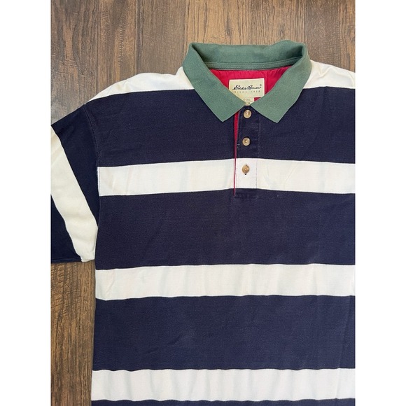 Vintage 90s Medium Eddie Bauer Blue Striped Short Sleeve Rugby Polo Shirt Mens - Picture 1 of 5